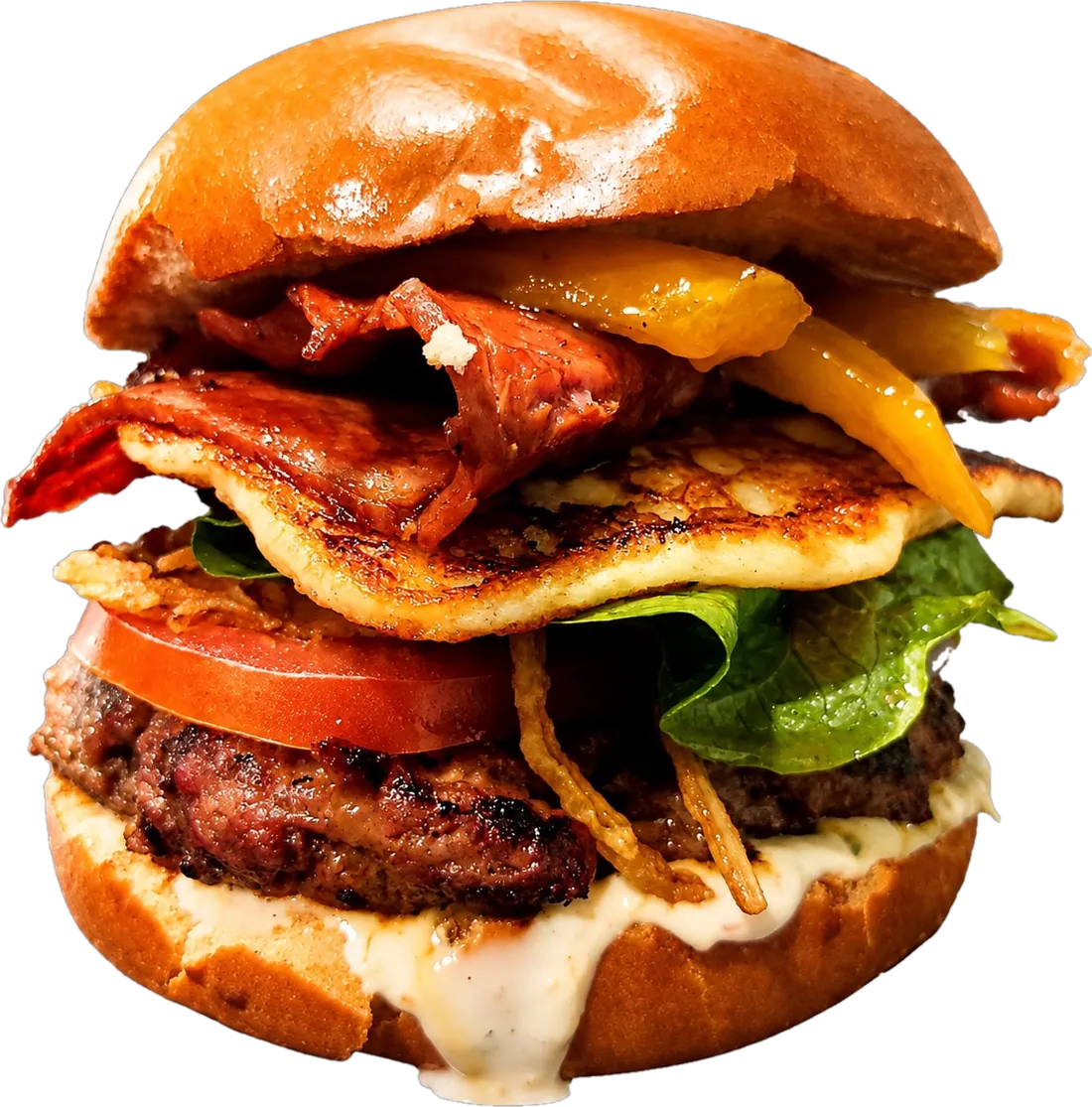 Hamburguesa de la casa: pan brioche, carne a la parrilla, tocineta, queso a la plancha, tomate, lechuga y cebolla crispy